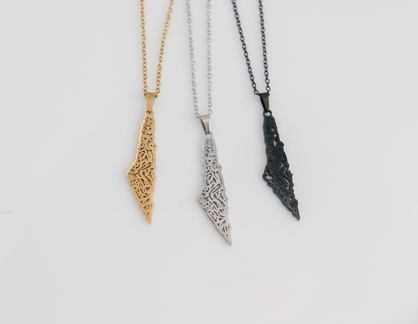 Lined Calligraphy Palestine Map Necklace