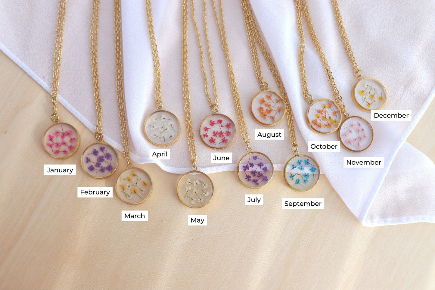 Mini Pressed Birth Month Flower Necklace | Dainty Birth Flower I Birth Month Necklace I Round Pedant I Flower Necklace, Flower Birth Month