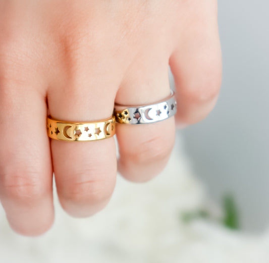 Crescent Moon Ring | Celestial Jewelry | Stargazer's Ring | Moon Star Ring | Gold Ring | Gift for Mom | Christmas Gift | His & Hers Ring