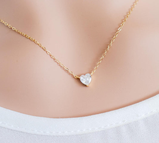 Crystal Heart Necklace | Zircon Sterling Silver Necklace | Statement Heart Pendant | Delicate Layering | Minimalist Wedding Jewelry