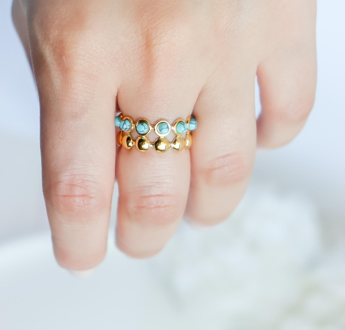 Turquoise Ring | Double Layered Ring | Gemstone Ring | Beads Ring | Minimalist Ring | Gift for Mom | Ring For Women I Resizable Ring