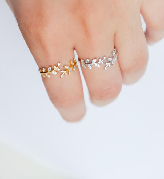 Leaf Ring | Crystal Leaf Ring | Sterling Silver | Resizable Simple Ring | Minimalist Ring | Bridesmaid Gifts I Minimalist Ring for Stacking