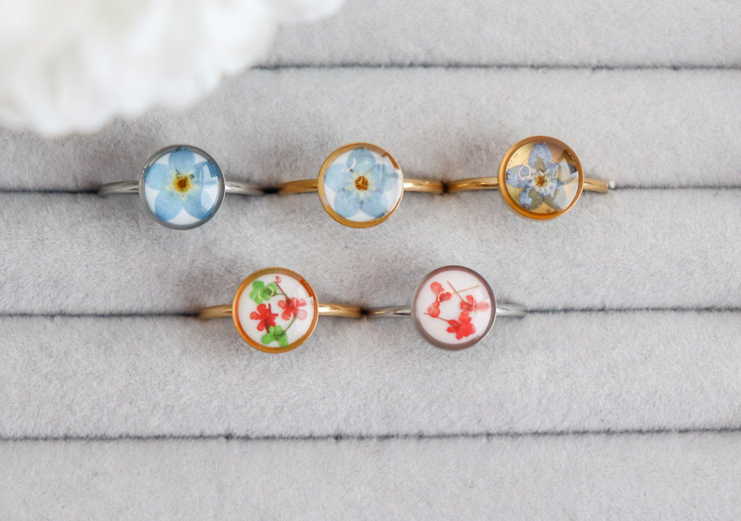 Blue or Red Pressed Flower Pendant Ring