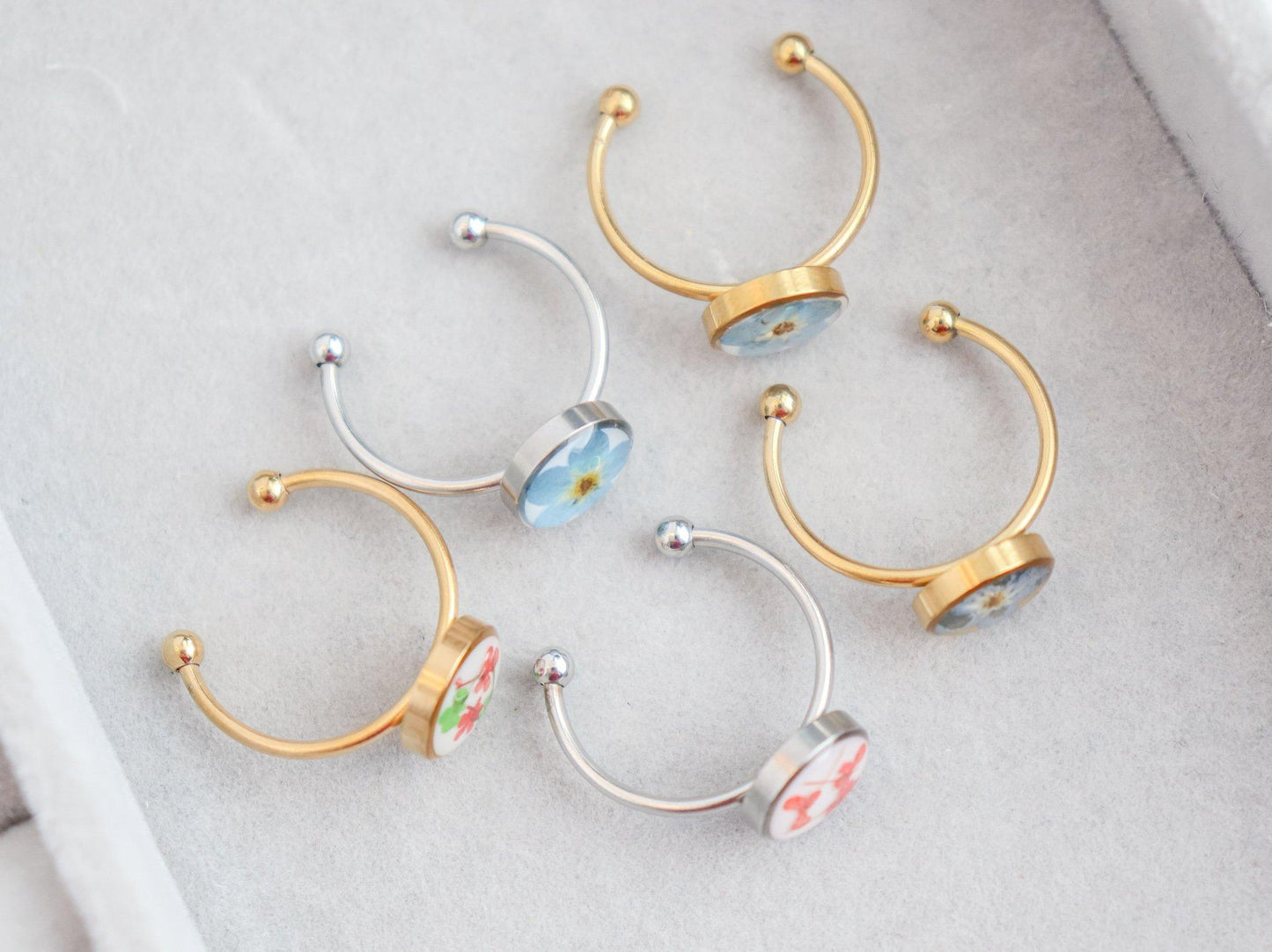 Blue or Red Pressed Flower Pendant Ring