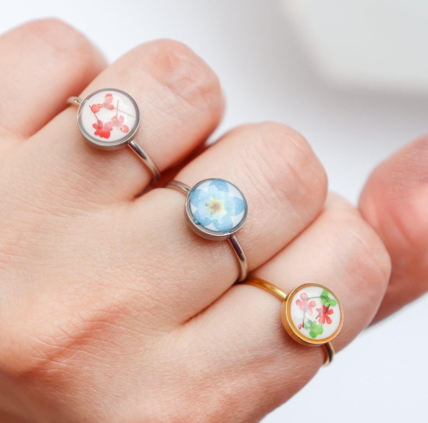 Blue or Red Pressed Flower Pendant Ring