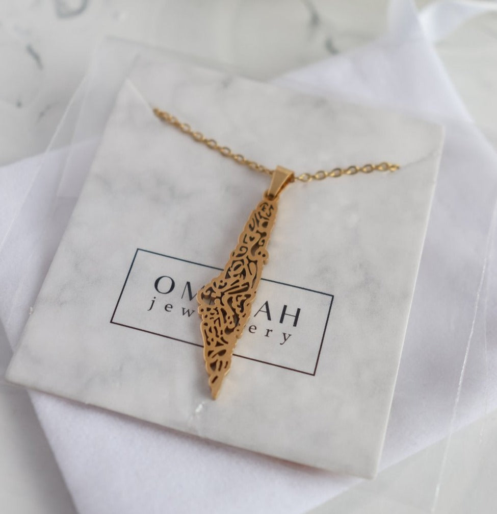 Lined Calligraphy Palestine Map Necklace