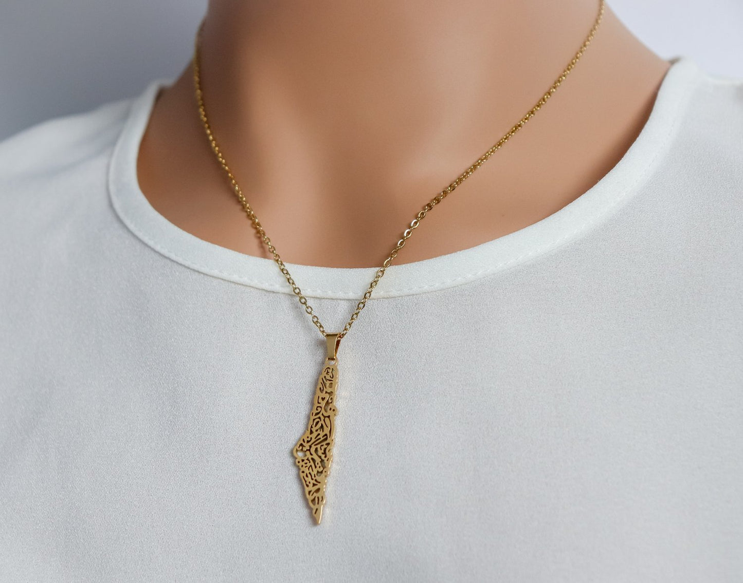 Lined Calligraphy Palestine Map Necklace
