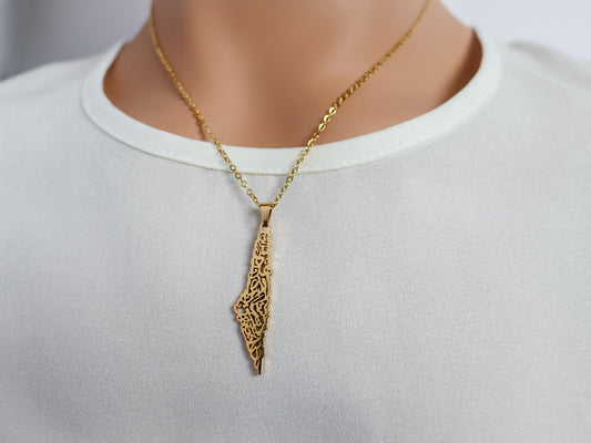 Lined Calligraphy Palestine Map Necklace