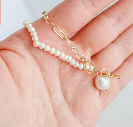 Freshwater Half Pearl Block Chain Necklace