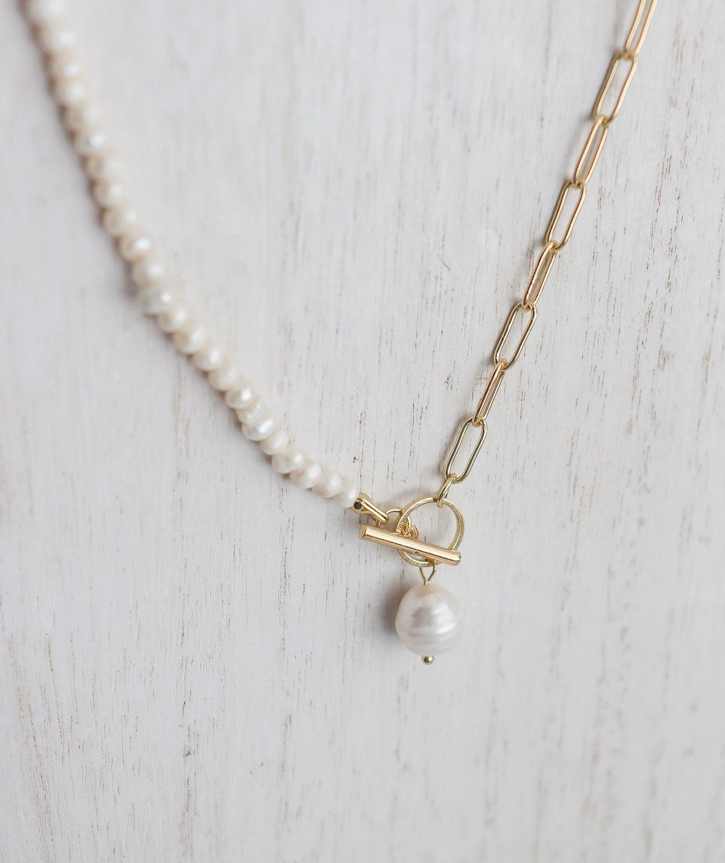 Freshwater Half Pearl Block Chain Necklace