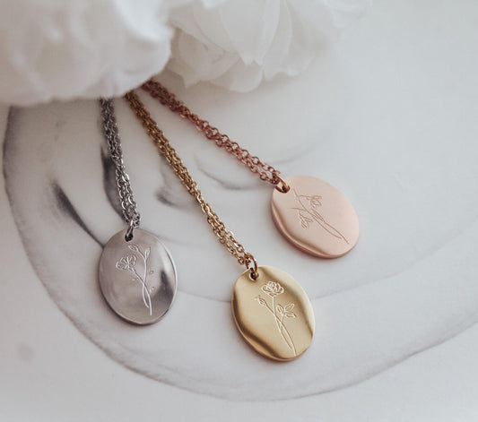 Oval Birth Month Flower Necklace