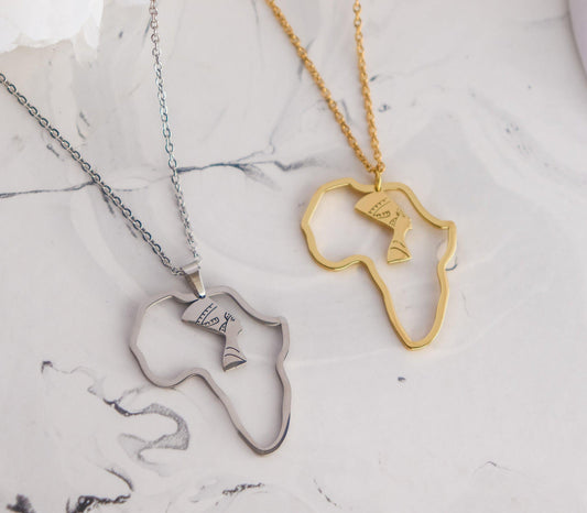 Africa Egypt Nefertiti Profile Map Necklace