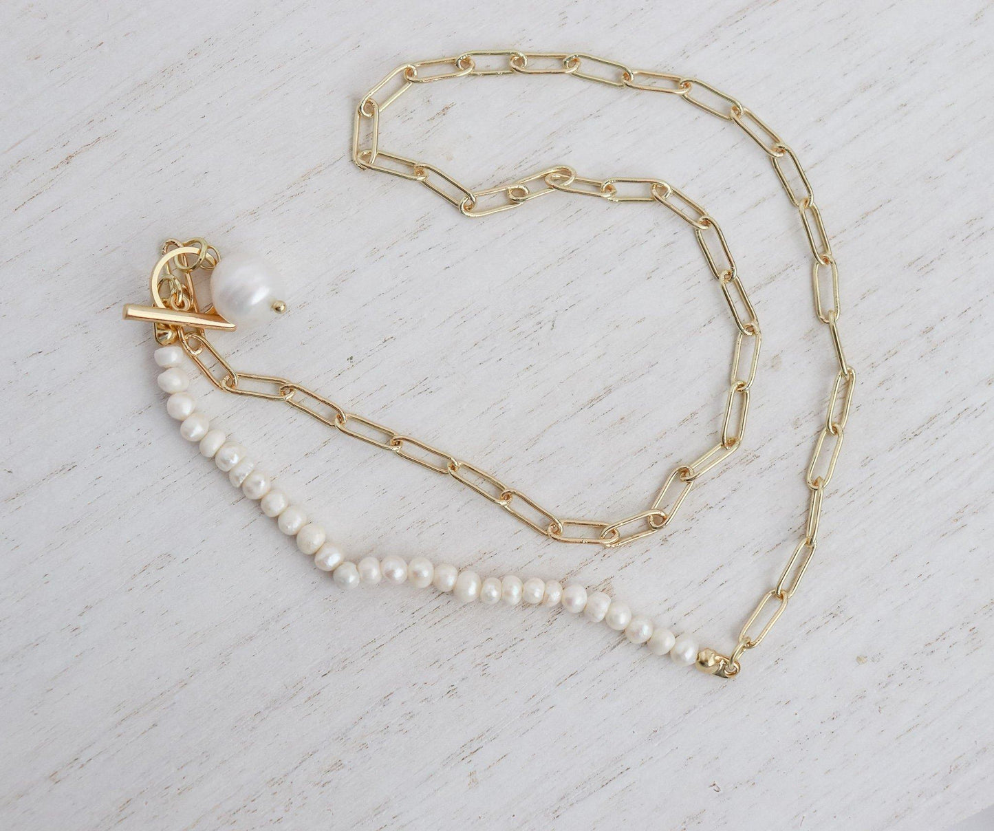 Freshwater Half Pearl Block Chain Necklace