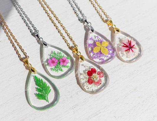 Teardrop Pressed Flower Pendant Necklace