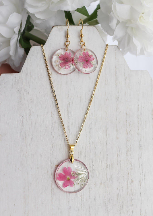 Earring & Necklace Set | Rimless Circle Pressed Flower Pendant