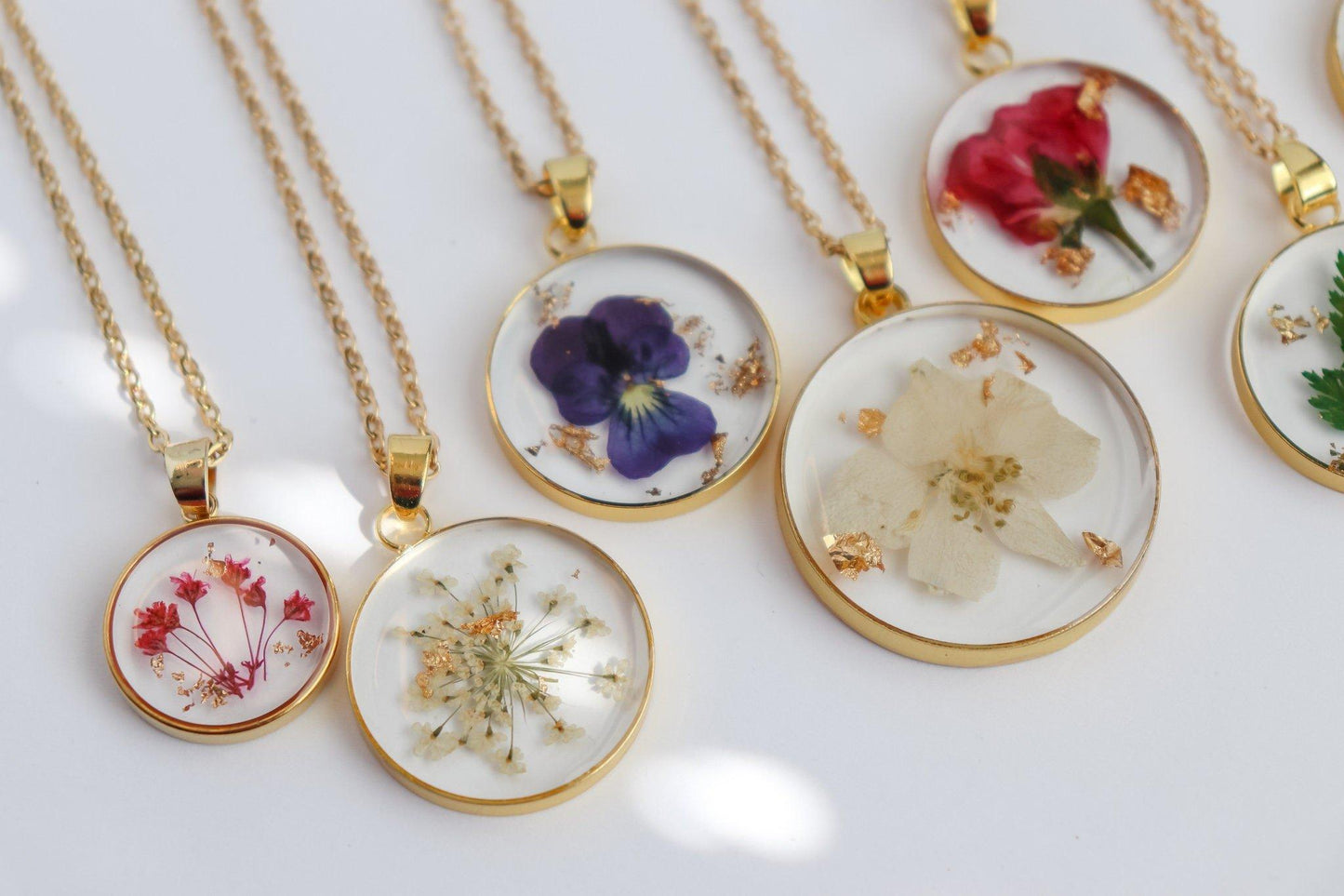 Horoscope Pressed Flower Pendant Necklace with Gold Flakes