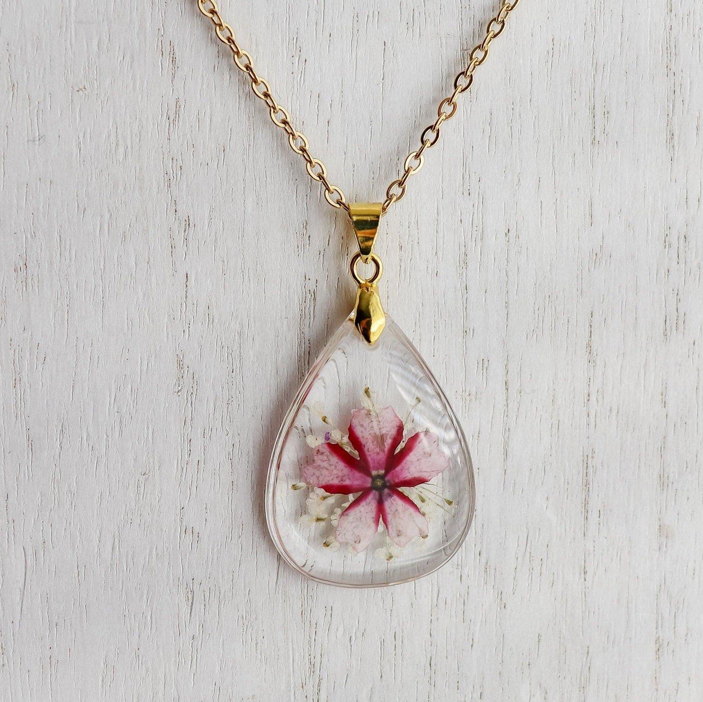 Teardrop Pressed Flower Pendant Necklace