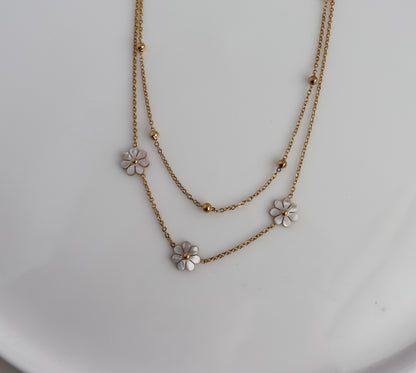 Layered Flower & Dotted Chain Necklace