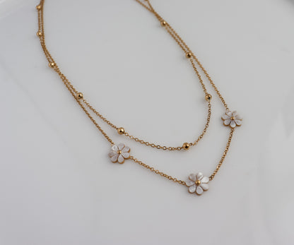 Layered Flower & Dotted Chain Necklace