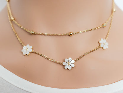 Layered Flower & Dotted Chain Necklace