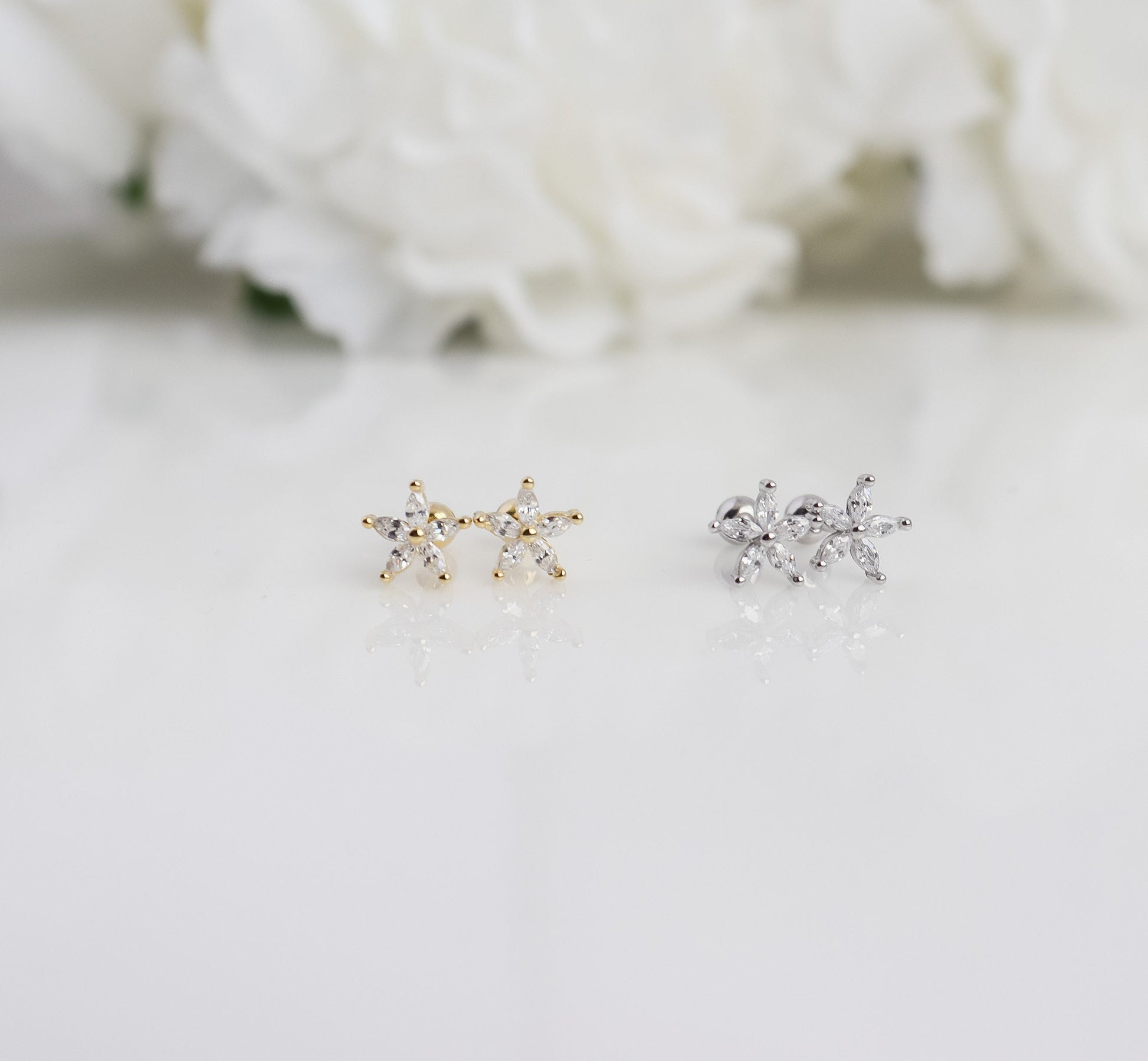 Jasmin Stud Earrings | Tiny Hydrangea Flower Inspired Stud Earrings in Sterling Silver with Sparkly CZ Crystals | Crystal Statement Earring