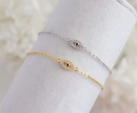 Evil Eye Bracelet | Sterling Silver Bracelet | Studded Silver Bracelet | Crystal Evil Eye | Gifts for Her Minimal Bracelet | Bridal Shower