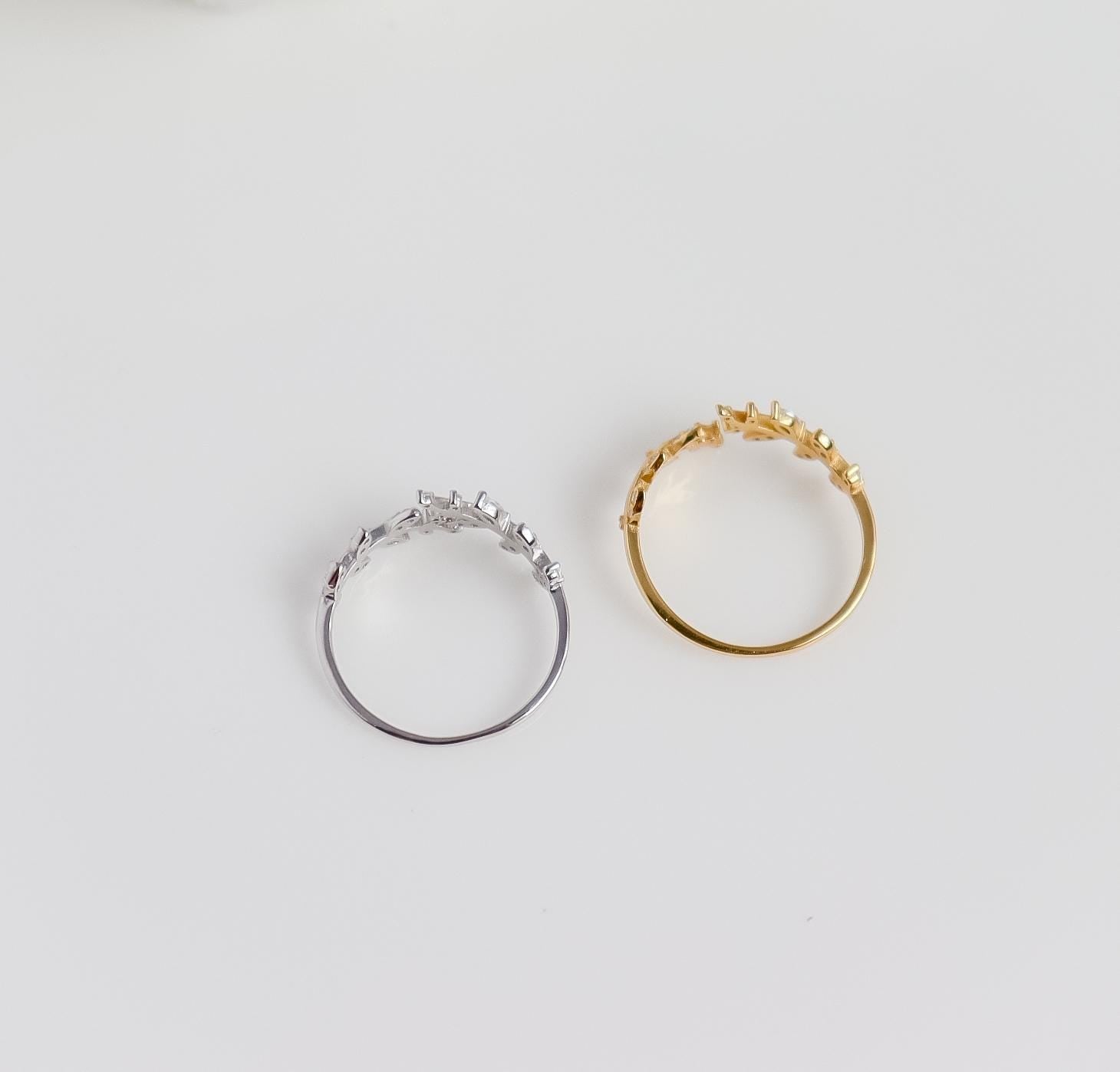 Leaf Ring | Crystal Leaf Ring | Sterling Silver | Resizable Simple Ring | Minimalist Ring | Bridesmaid Gifts I Minimalist Ring for Stacking