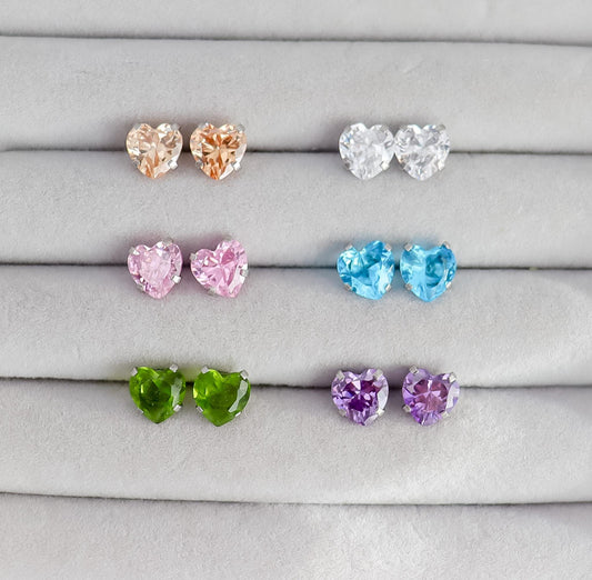 Heart-Shaped Cubic Zirconia Stud Earrings In White, Amethyst, Pink, Garnet | Stud With Gem Stone in Gold | Crystal Earring | Earring For Her