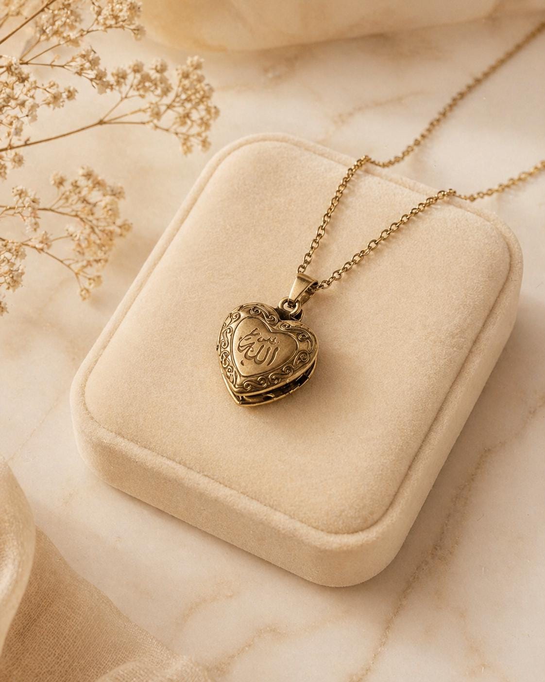 Elegant 18K Gold Plated Stainless Steel Allah Heart Locket Necklace with Arabic Calligraphy