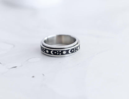 Black & Silver Half Moon Star Spinner Fidget Ring