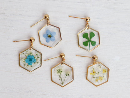 Hexagon Pressed Flower Earrings