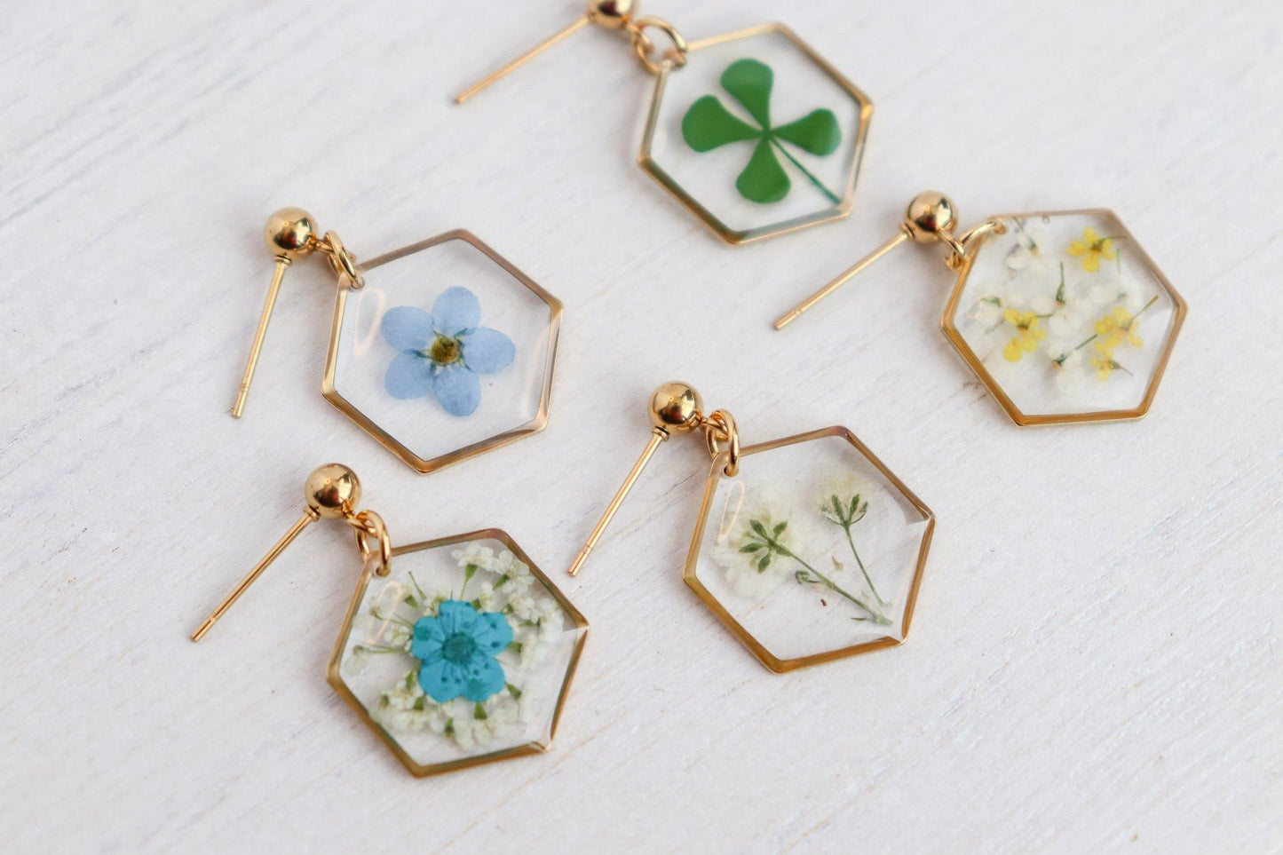 Hexagon Pressed Flower Earrings