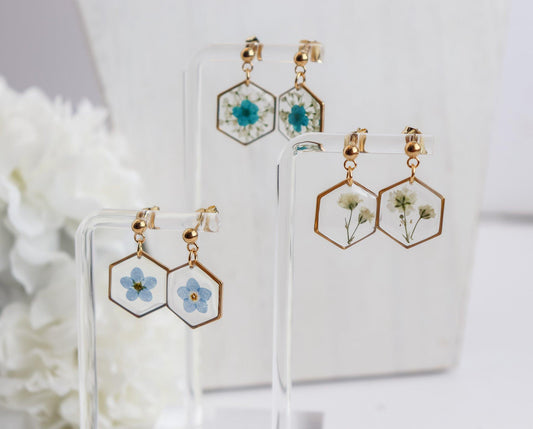 Hexagon Pressed Flower Earrings