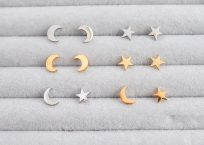 Crescent Moon & Star Stud Earrings