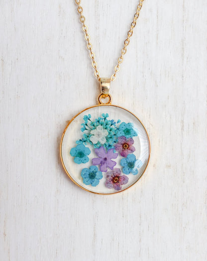 Large Round Blue Flower Resin Necklace