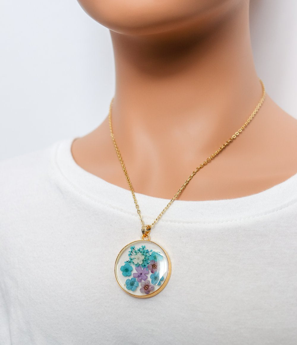 Large Round Blue Flower Resin Necklace