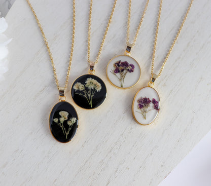 Black or White Resin Pressed Flower Necklace