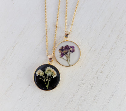 Black or White Resin Pressed Flower Necklace