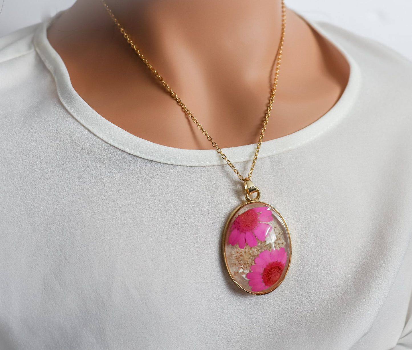 Large Oval Pressed Flower Necklace