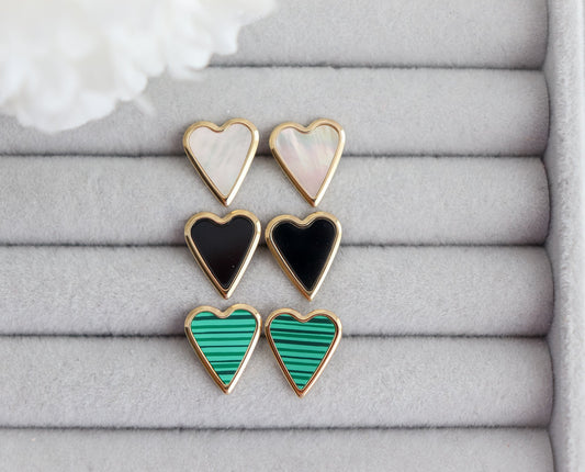 White, Black & Green Heart Stud Earrings