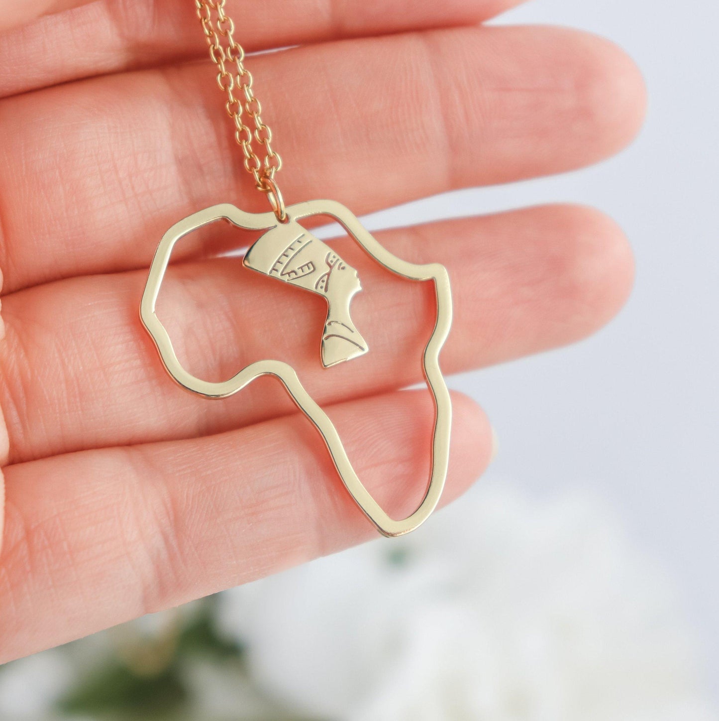 Africa Egypt Nefertiti Profile Map Necklace