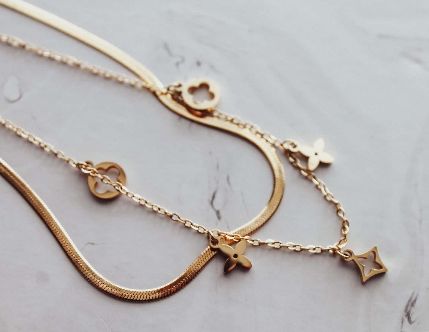 Clover Star Charm and Snake Chain Necklace