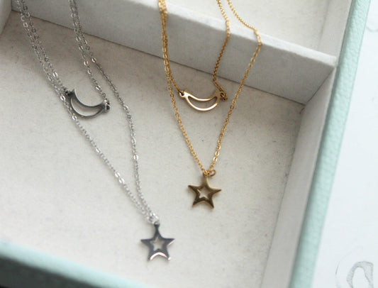 Outline Crescent & Star Layered Necklace