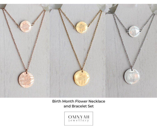 Birth Month Flower Pendant Necklace & Bracelet Set (Style 1)