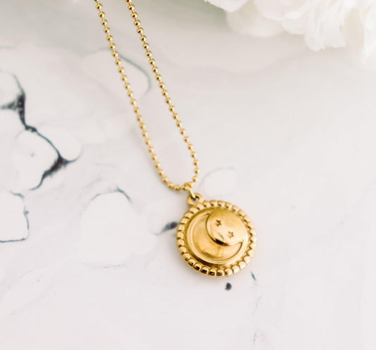 Moon & Stars Circle Pendant Necklace