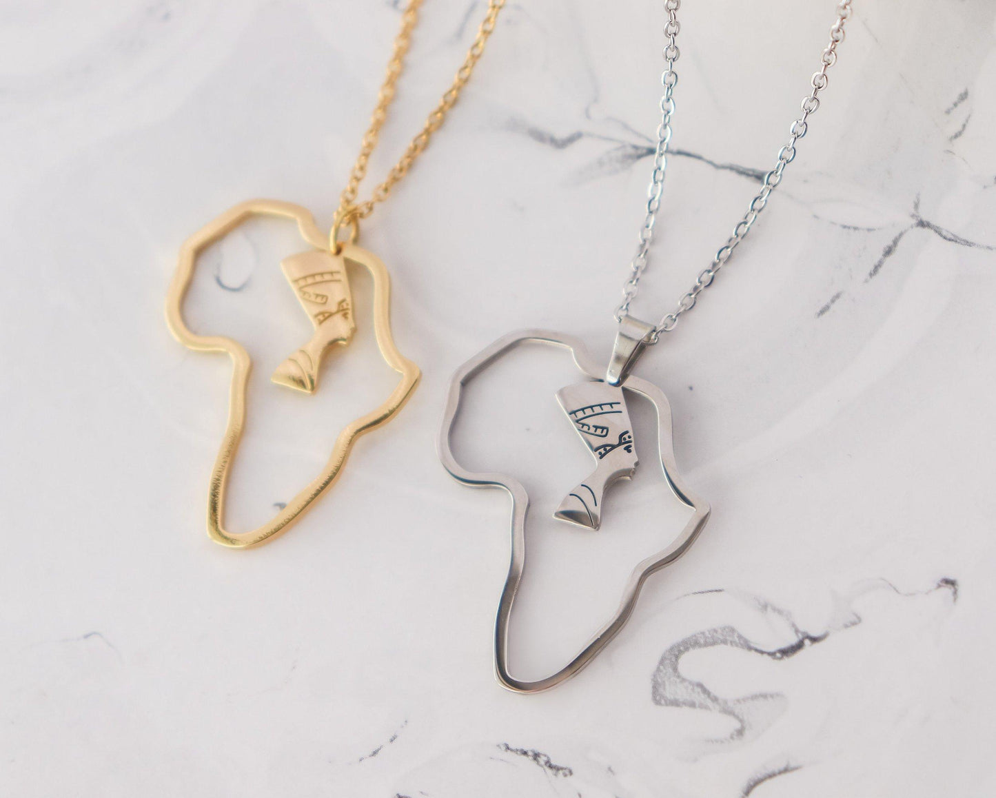 Africa Egypt Nefertiti Profile Map Necklace