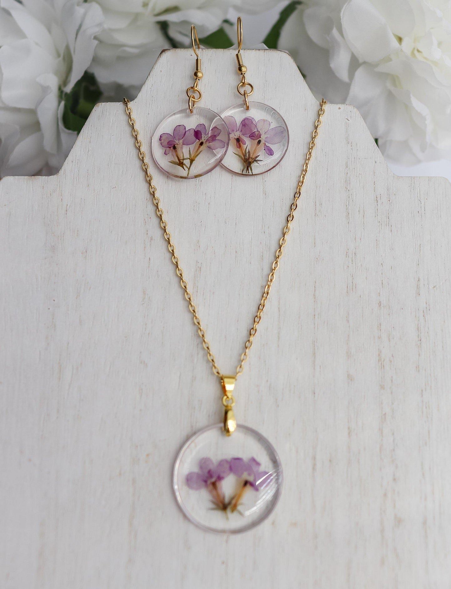 Earring & Necklace Set | Rimless Circle Pressed Flower Pendant