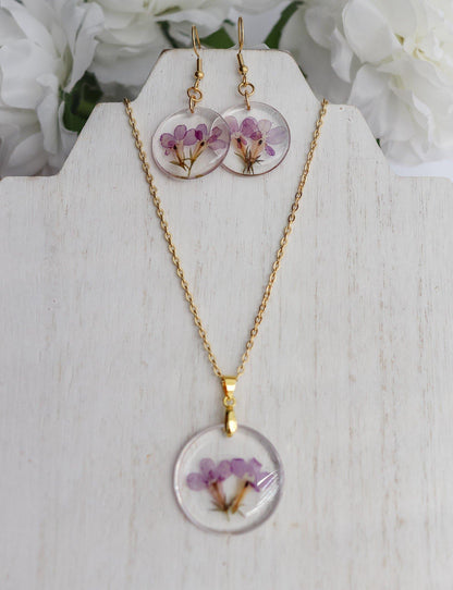 Earring & Necklace Set | Rimless Circle Pressed Flower Pendant