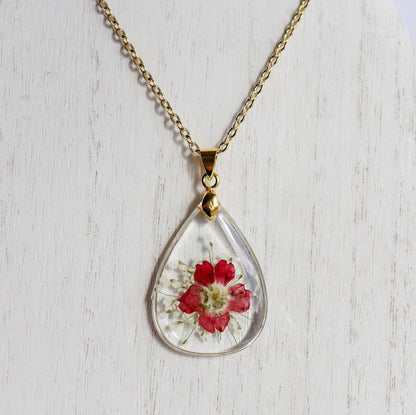 Teardrop Pressed Flower Pendant Necklace