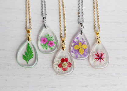 Teardrop Pressed Flower Pendant Necklace